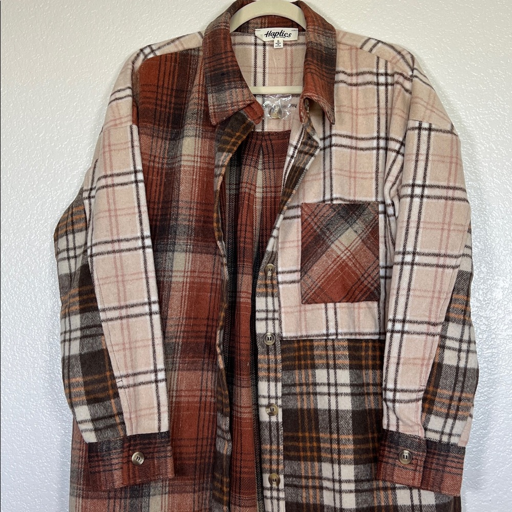 Brown and cream long plaid shacket, size small - Picture 2 of 9